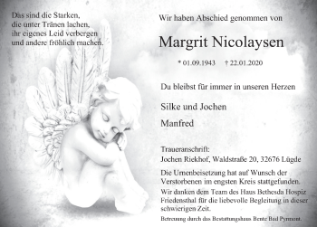 Traueranzeige von Margrit Nicolaysen von Deister- und Weserzeitung