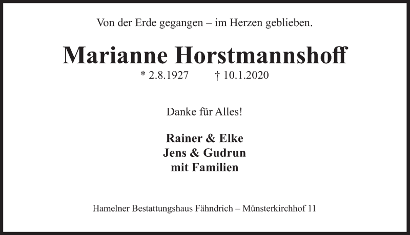  Traueranzeige für Marianne Horstmannshoff vom 25.01.2020 aus Deister- und Weserzeitung