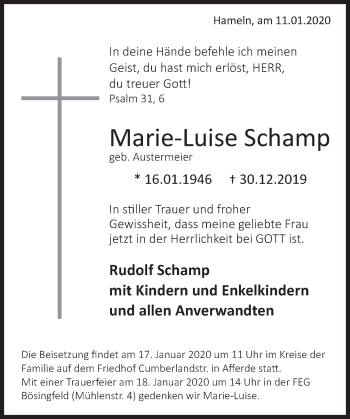 Traueranzeige von Marie-Luise Schamp von Deister- und Weserzeitung