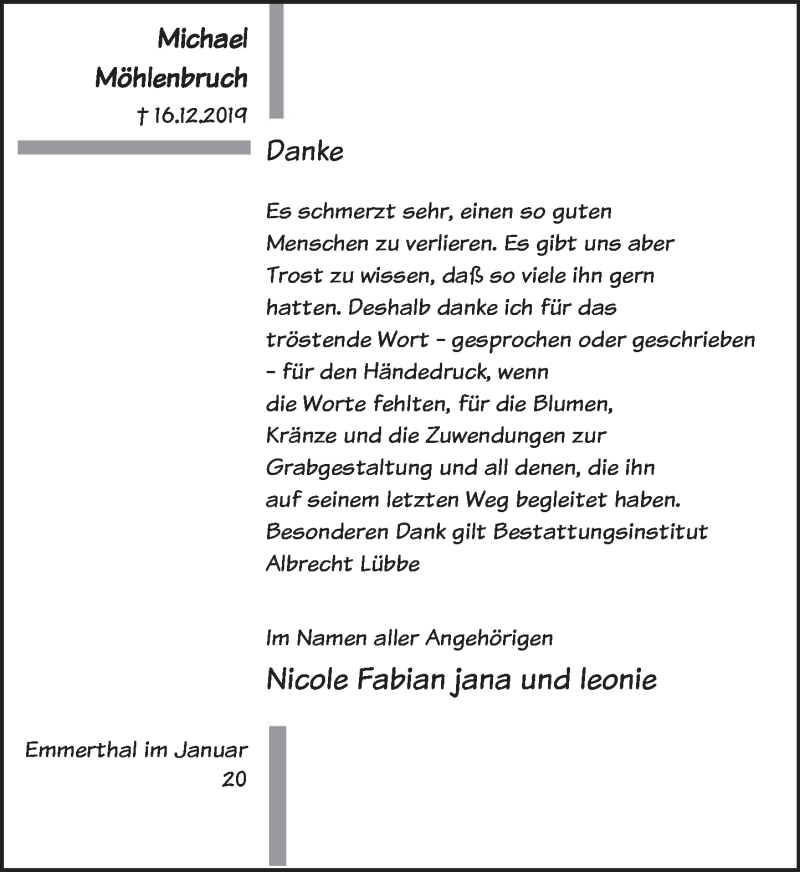  Traueranzeige für Michael Möhlenbruch vom 18.01.2020 aus Deister- und Weserzeitung