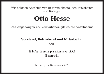 Traueranzeige von Otto Hesse von Deister- und Weserzeitung