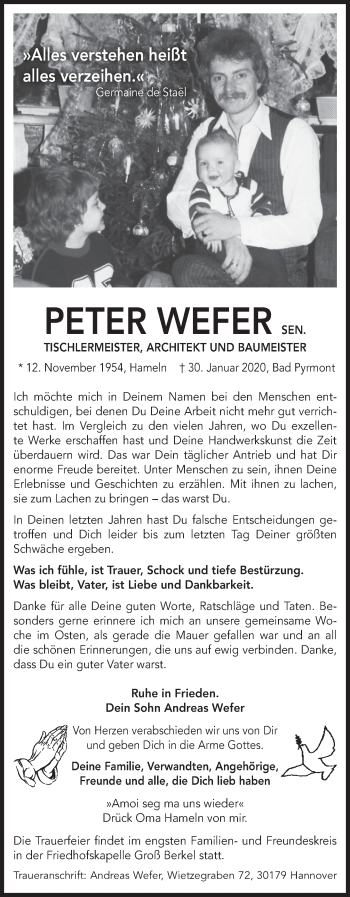 Traueranzeige von Peter Wefer von Deister- und Weserzeitung