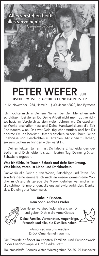  Traueranzeige für Peter Wefer vom 01.02.2020 aus Deister- und Weserzeitung