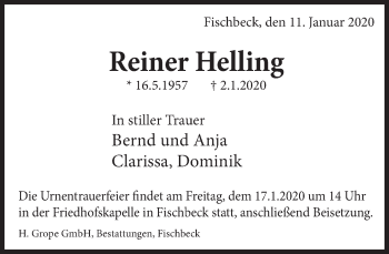 Traueranzeige von Reiner Helling von Deister- und Weserzeitung