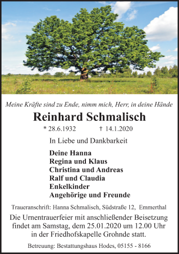 Traueranzeige von Reinhard Schmalisch von Deister- und Weserzeitung