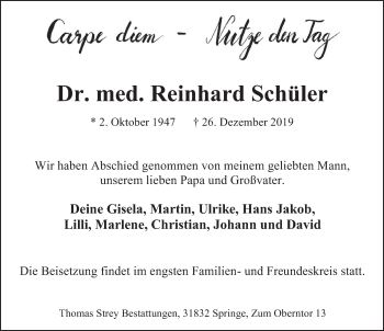 Traueranzeige von Reinhard Schüler von Neue Deister-Zeitung