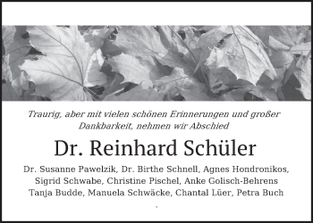 Traueranzeige von Reinhard Schüler von Neue Deister-Zeitung