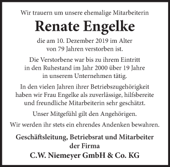 Traueranzeige von Renate Engelke von Deister- und Weserzeitung