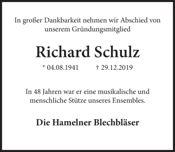 Traueranzeige von Richard Schulz von Deister- und Weserzeitung