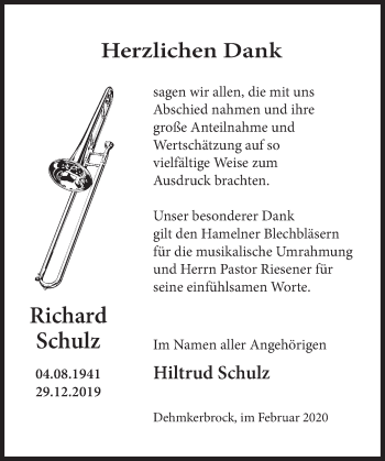 Traueranzeige von Richard Schulz von Deister- und Weserzeitung