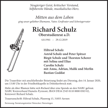 Traueranzeige von Richard Schulz von Deister- und Weserzeitung