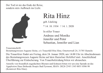 Traueranzeige von Rita Hinz von Deister- und Weserzeitung
