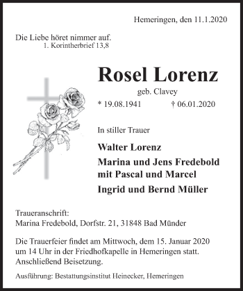Traueranzeige von Rosel Lorenz von Deister- und Weserzeitung
