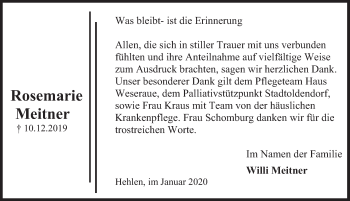 Traueranzeige von Rosemarie Meitner von Deister- und Weserzeitung