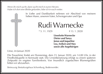 Traueranzeige von Rudi Warnecke von Deister- und Weserzeitung