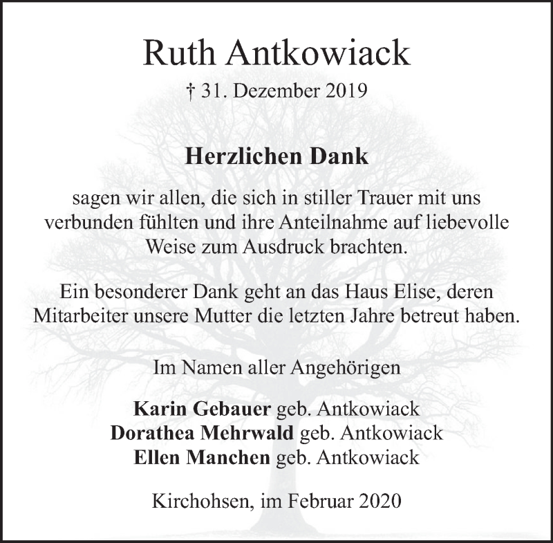  Traueranzeige für Ruth Antkowiack vom 08.02.2020 aus Deister- und Weserzeitung