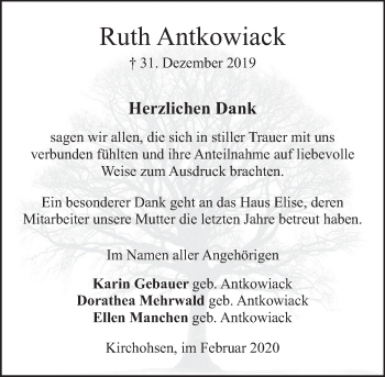 Traueranzeige von Ruth Antkowiack von Deister- und Weserzeitung