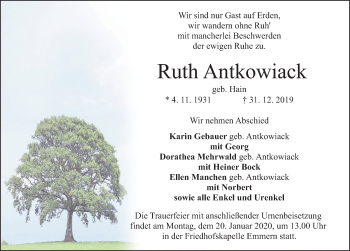 Traueranzeige von Ruth Antkowiack von Deister- und Weserzeitung