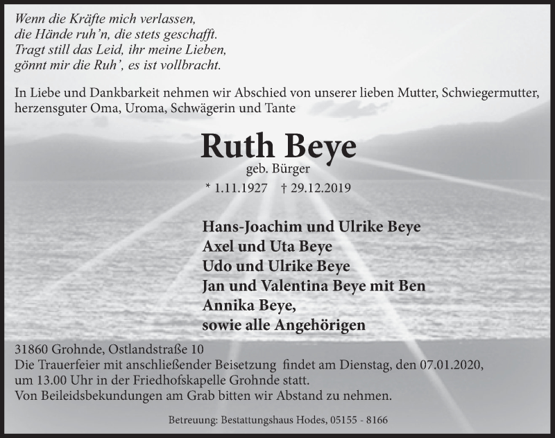  Traueranzeige für Ruth Beye vom 04.01.2020 aus Deister- und Weserzeitung