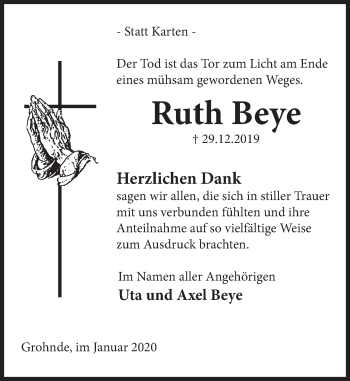 Traueranzeige von Ruth Beye von Deister- und Weserzeitung
