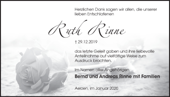 Traueranzeige von Ruth Rinne von Deister- und Weserzeitung