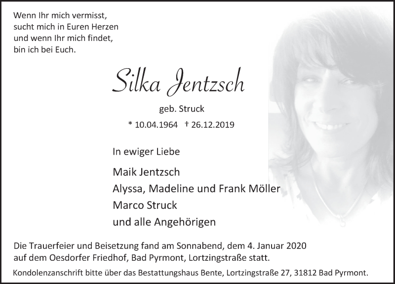  Traueranzeige für Silka Jentzsch vom 06.01.2020 aus Deister- und Weserzeitung