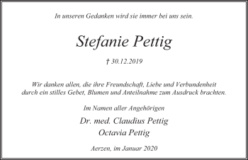 Traueranzeige von Stefanie Pettig von Deister- und Weserzeitung