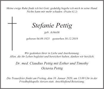 Traueranzeige von Stefanie Pettig von Deister- und Weserzeitung