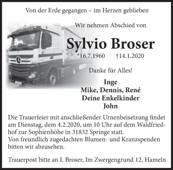 Traueranzeige von Sylvio Broser von Deister- und Weserzeitung