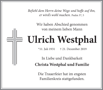 Traueranzeige von Ulrich Westphal von Neue Deister-Zeitung