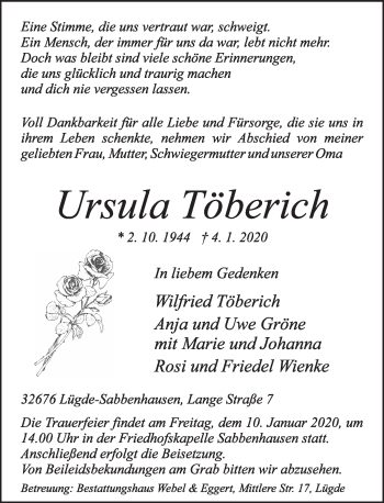 Traueranzeige von Ursula Töberich von Deister- und Weserzeitung