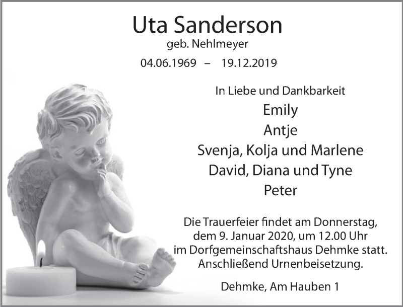  Traueranzeige für Uta Sanderson vom 04.01.2020 aus Deister- und Weserzeitung
