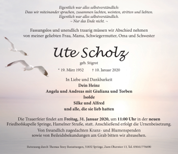 Traueranzeige von Ute Scholz von Neue Deister-Zeitung