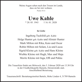 Traueranzeige von Uwe Kahle von Deister- und Weserzeitung