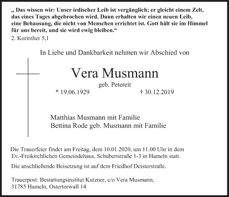  Traueranzeige für Vera Musmann vom 04.01.2020 aus Deister- und Weserzeitung