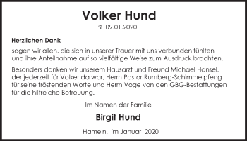 Traueranzeige von Volker Hund von Deister- und Weserzeitung