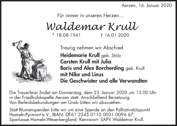 Traueranzeige von Waldemar Krull von Deister- und Weserzeitung