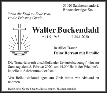 Traueranzeige von Walter Buckendahl von Deister- und Weserzeitung