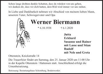 Traueranzeige von Werner Biermann von Deister- und Weserzeitung