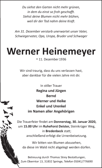 Traueranzeige von Werner Heinemeyer von Neue Deister-Zeitung