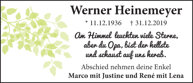  Traueranzeige für Werner Heinemeyer vom 25.01.2020 aus Neue Deister-Zeitung