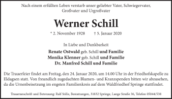 Traueranzeige von Werner Schill von Neue Deister-Zeitung