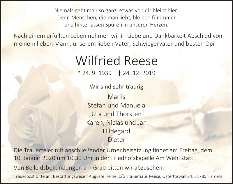  Traueranzeige für Wilfried Reese vom 04.01.2020 aus Deister- und Weserzeitung