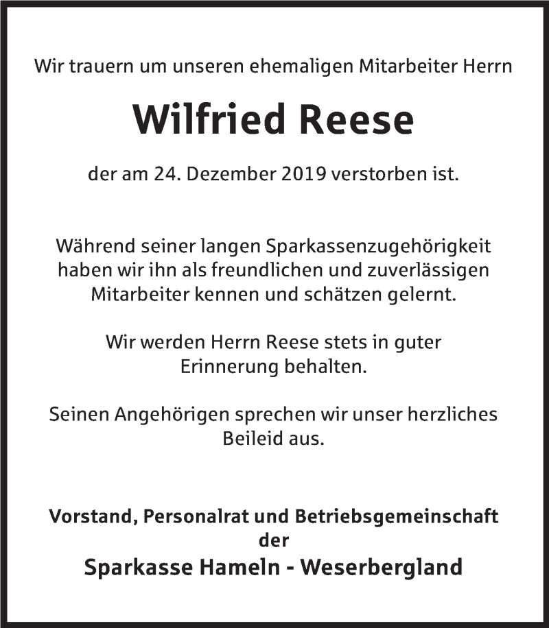  Traueranzeige für Wilfried Reese vom 06.01.2020 aus Deister- und Weserzeitung