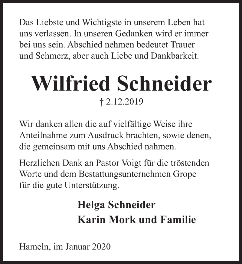  Traueranzeige für Wilfried Schneider vom 11.01.2020 aus Deister- und Weserzeitung