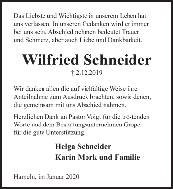 Traueranzeige von Wilfried Schneider von Deister- und Weserzeitung