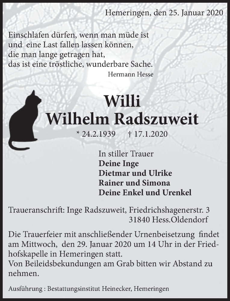  Traueranzeige für Wilhelm Radszuweit vom 25.01.2020 aus Deister- und Weserzeitung