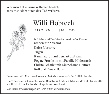Traueranzeige von Willi Hobrecht von Deister- und Weserzeitung