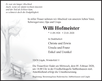 Traueranzeige von Willi Hofmeister von Deister- und Weserzeitung