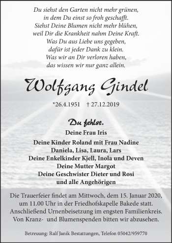 Traueranzeige von Wolfgang Gindel 